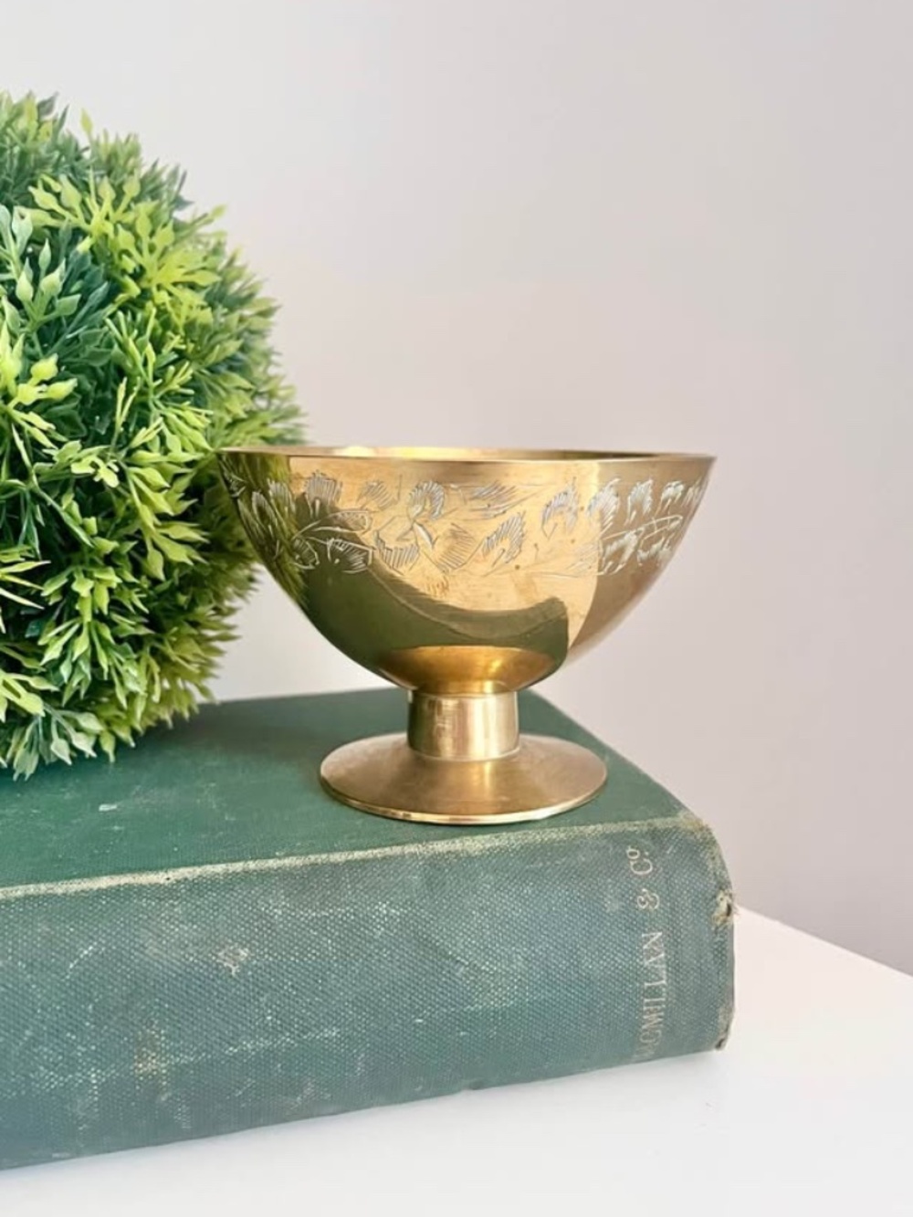 Vintage Brass Etched Pedestal Bowl